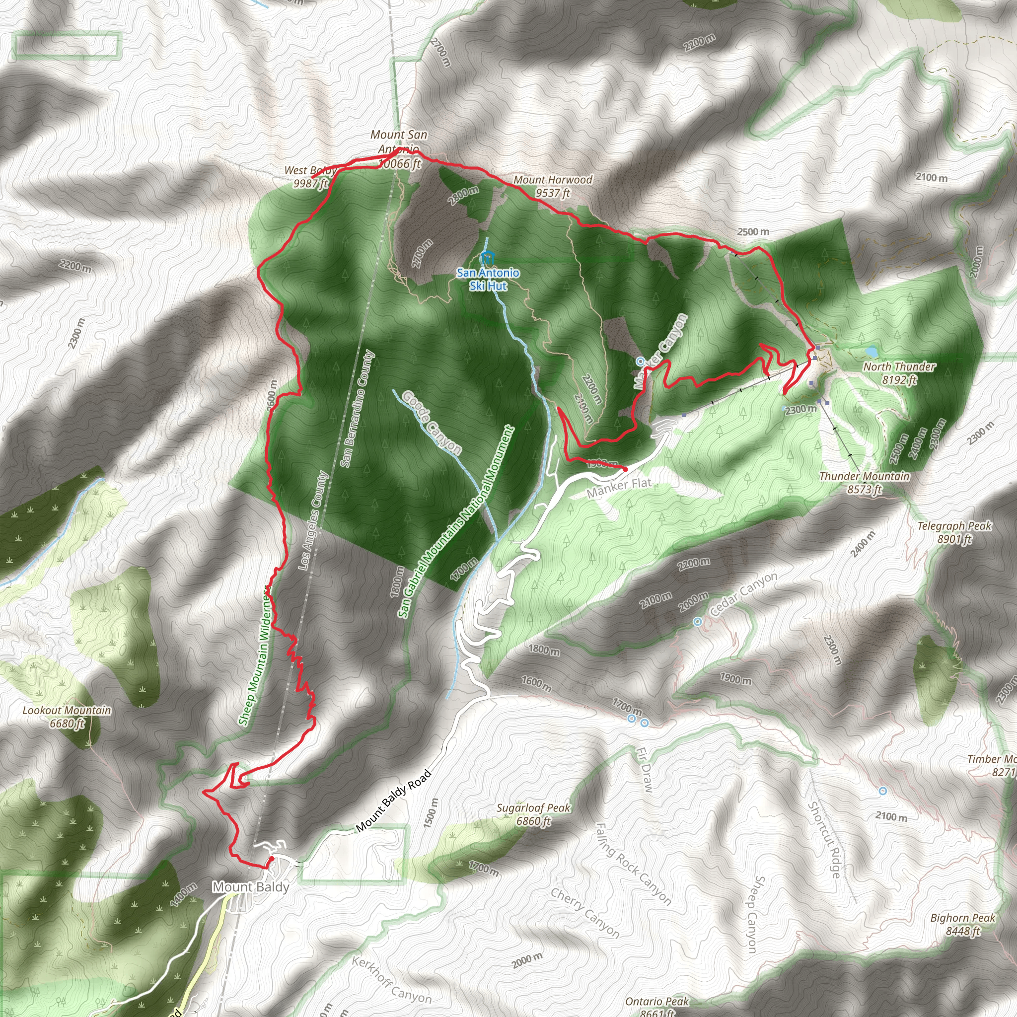 West Baldy and Mount San Antonio via Bear Canyon Trail and Devils Backbone Trail mobile static map