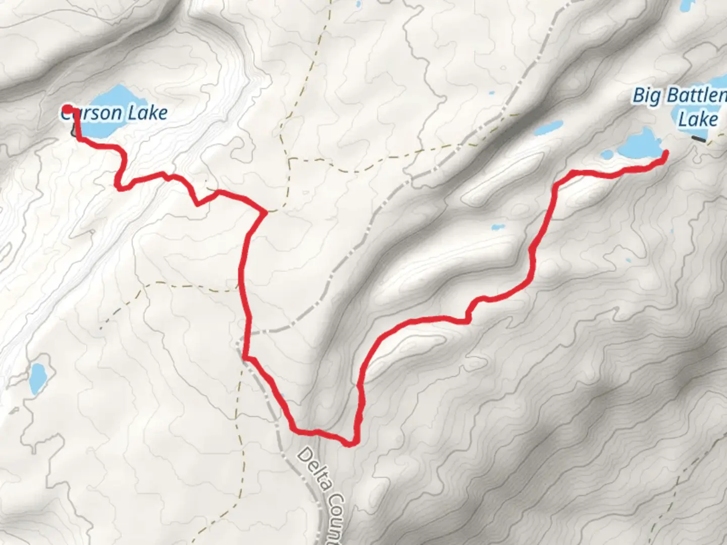 An image depicting the trail Little Battlement Lake via Greenwood Trail and Carson Lake Trail and its surrounding area.