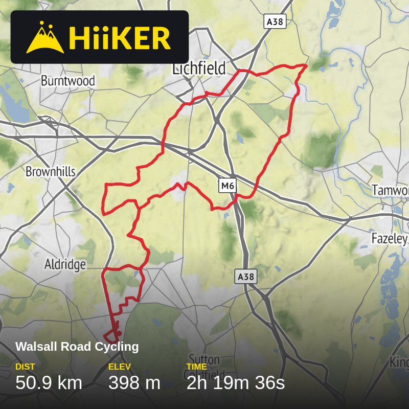 A map preview of the recording Lichfield 50k Road Cycling.