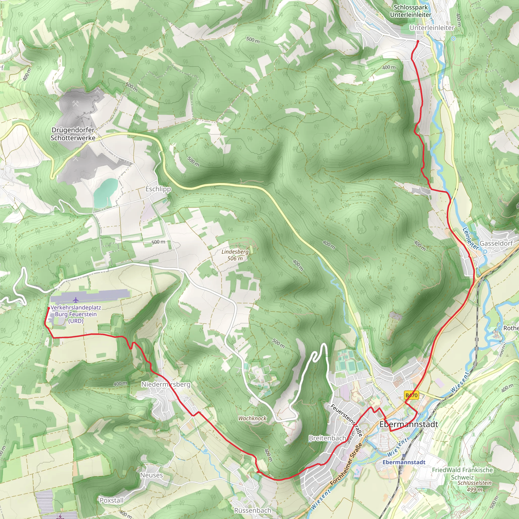 Flugplatzgaststaette to Unterleinleiter via Feuerstein-Unterleinleiter mobile static map