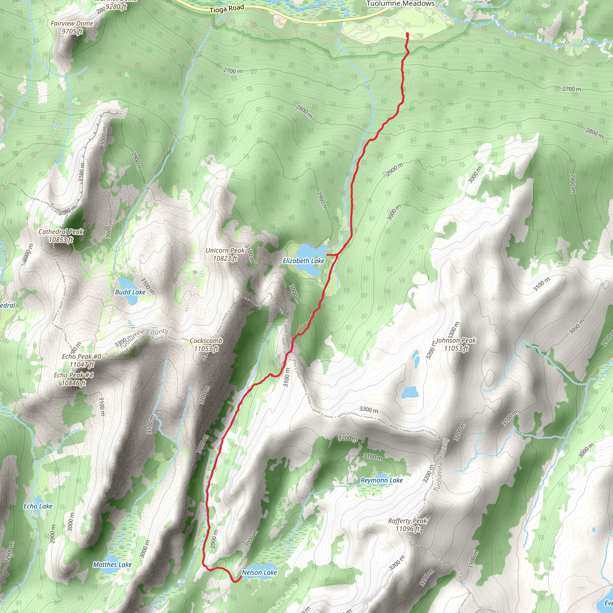 Nelson Lake and Elizabeth Lake - Tuolumne Meadows mobile static map