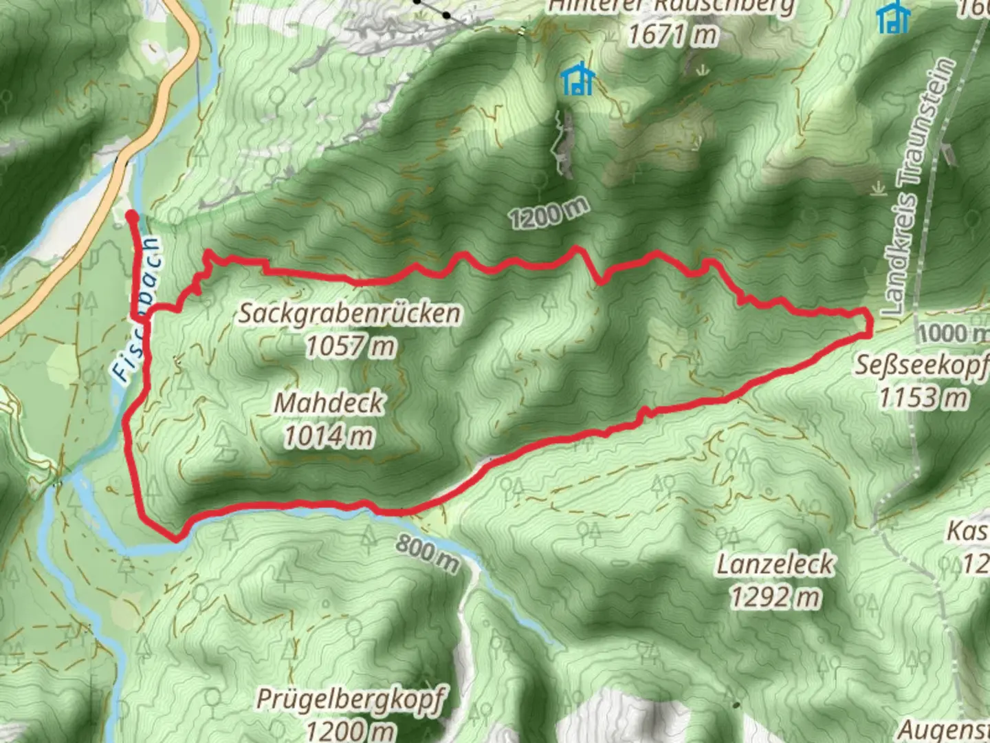 An image depicting the trail Sackgraben and Kaitlalm Loop via Wanderweg 33 - Laubau Kaitlalm and its surrounding area.