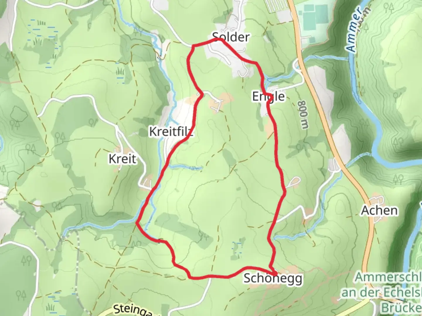 An image depicting the trail Schonegg, Engle and Kreitfilz Loop via Wildsteiger Weg and its surrounding area.