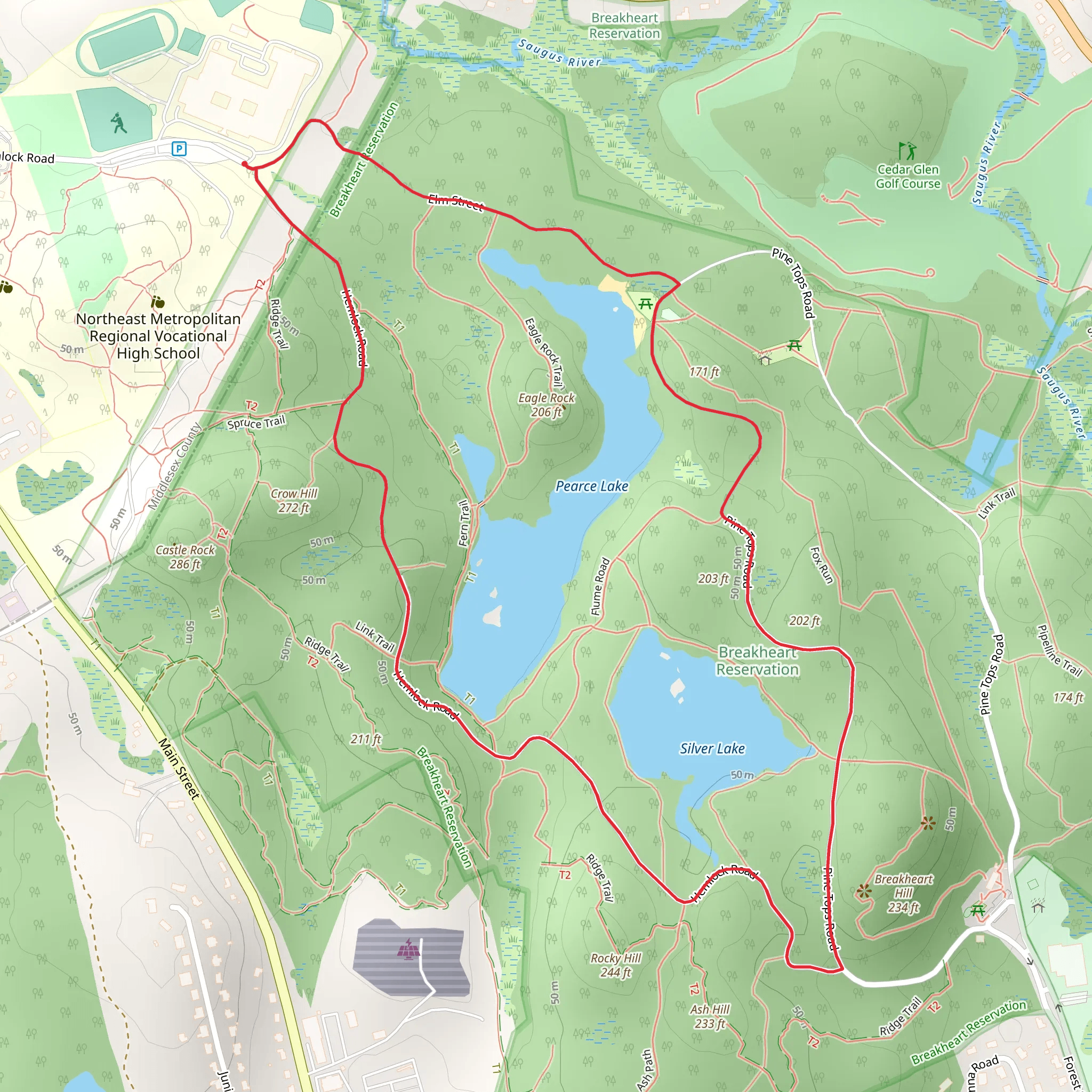 Eagle Rock and Upper Pond Loop via Elm and Hemlock Road mobile static map