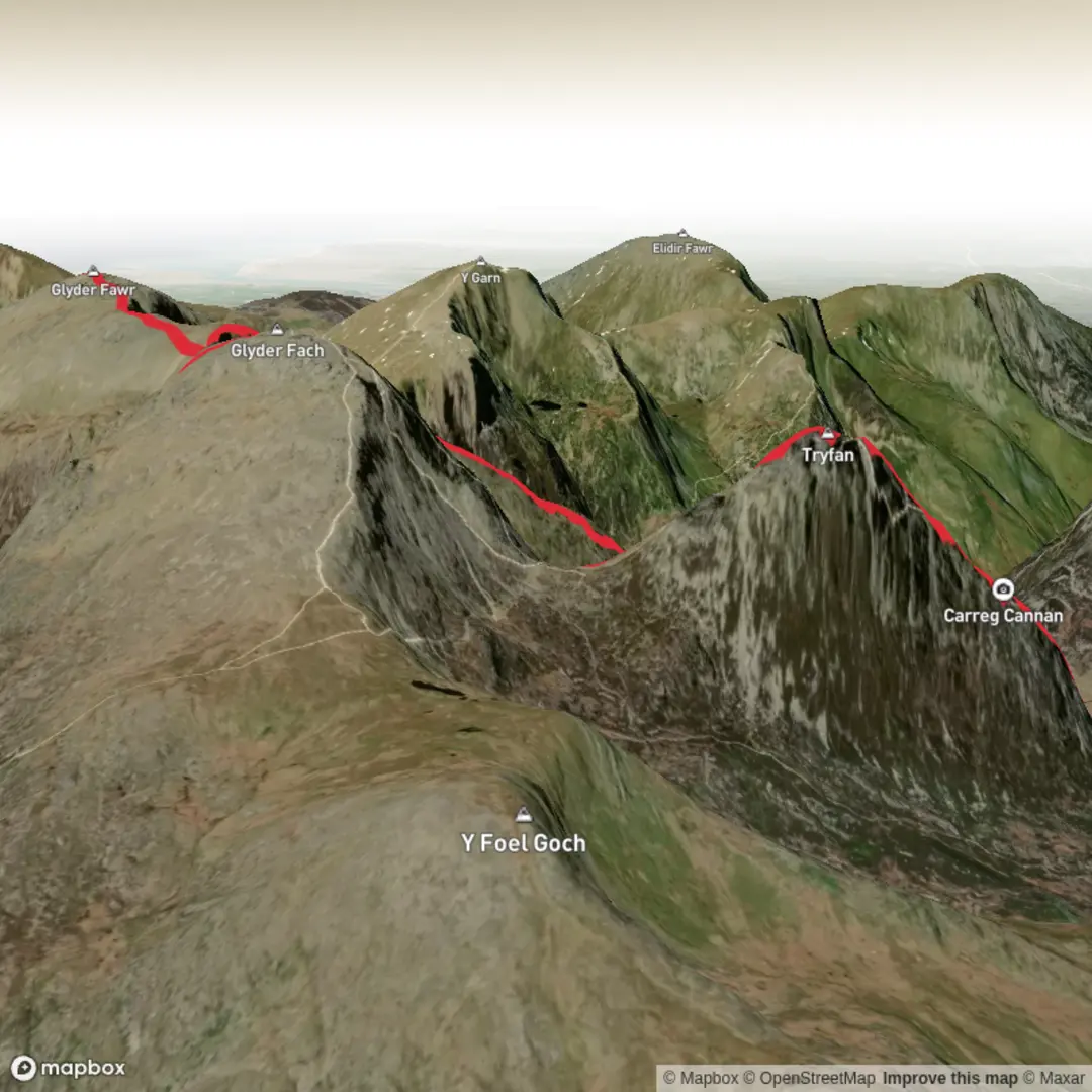 An image depicting the trail Tryfan and the Glyders via Y Gribin and its surrounding area.