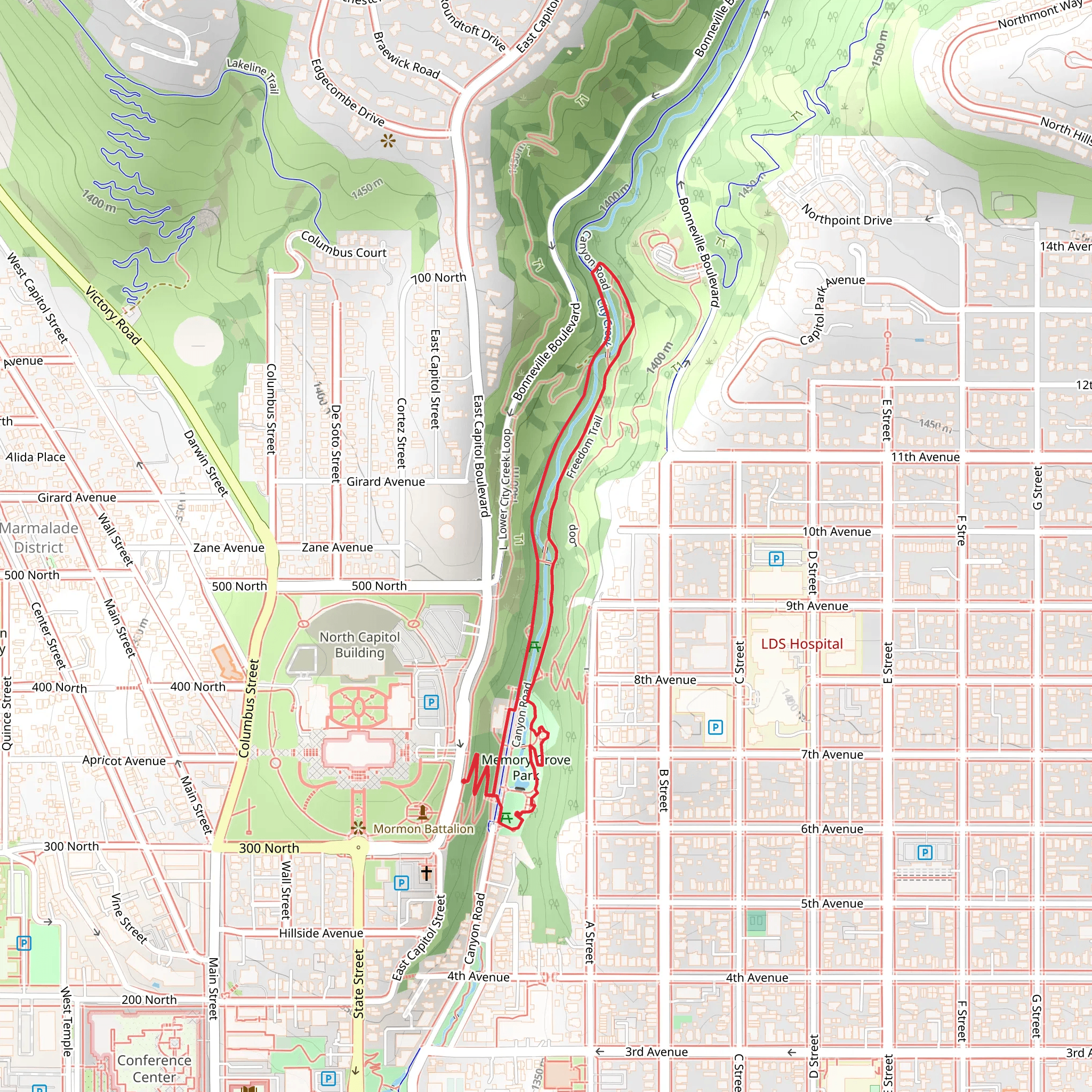 Memory Grove Park via Freedom Trail and Canyon Road mobile static map