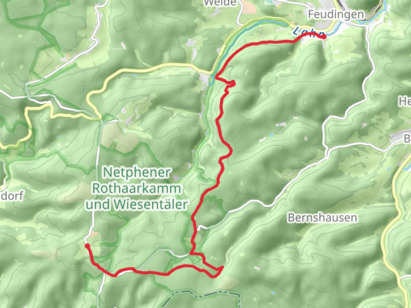 An image depicting the trail Lahnquellteich to Feudingen Walk via Lahnwanderweg and its surrounding area.
