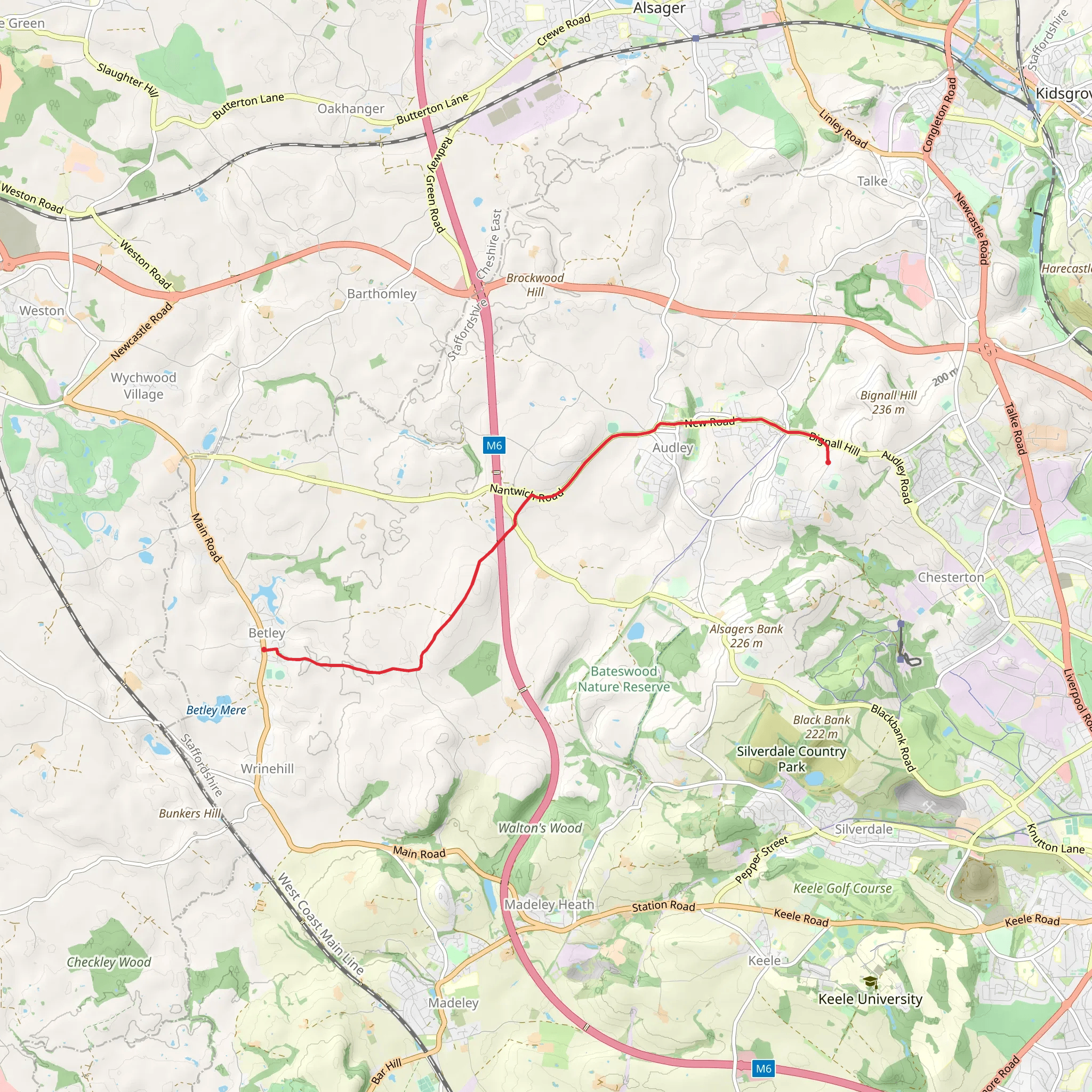 Bignall Hill to Betley Walk mobile static map