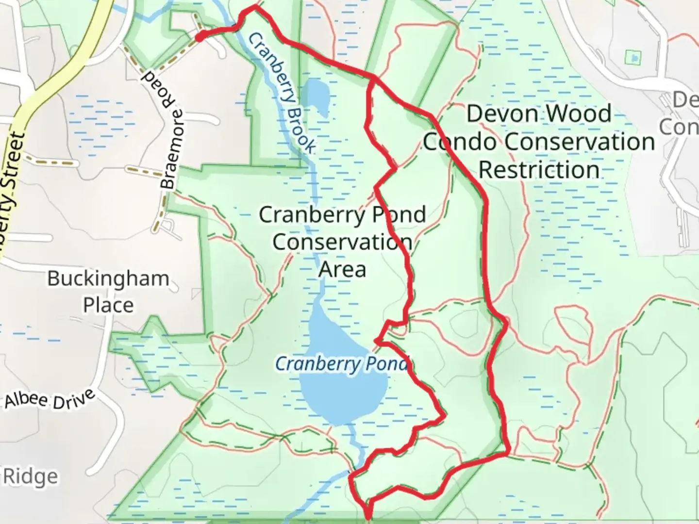 An image depicting the trail Cranberry Pond via Red Trail - White Trail - Blue Trail and its surrounding area.