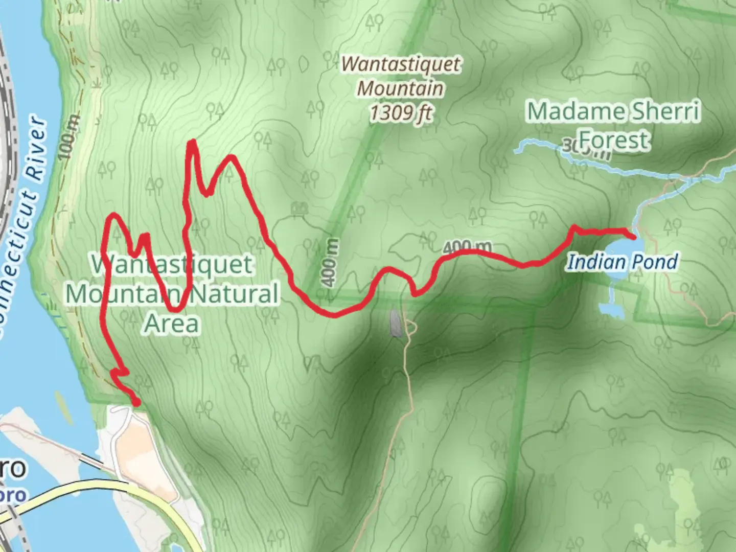An image depicting the trail Indian Pond Trail via Wantastiquet Mountain Trail and its surrounding area.