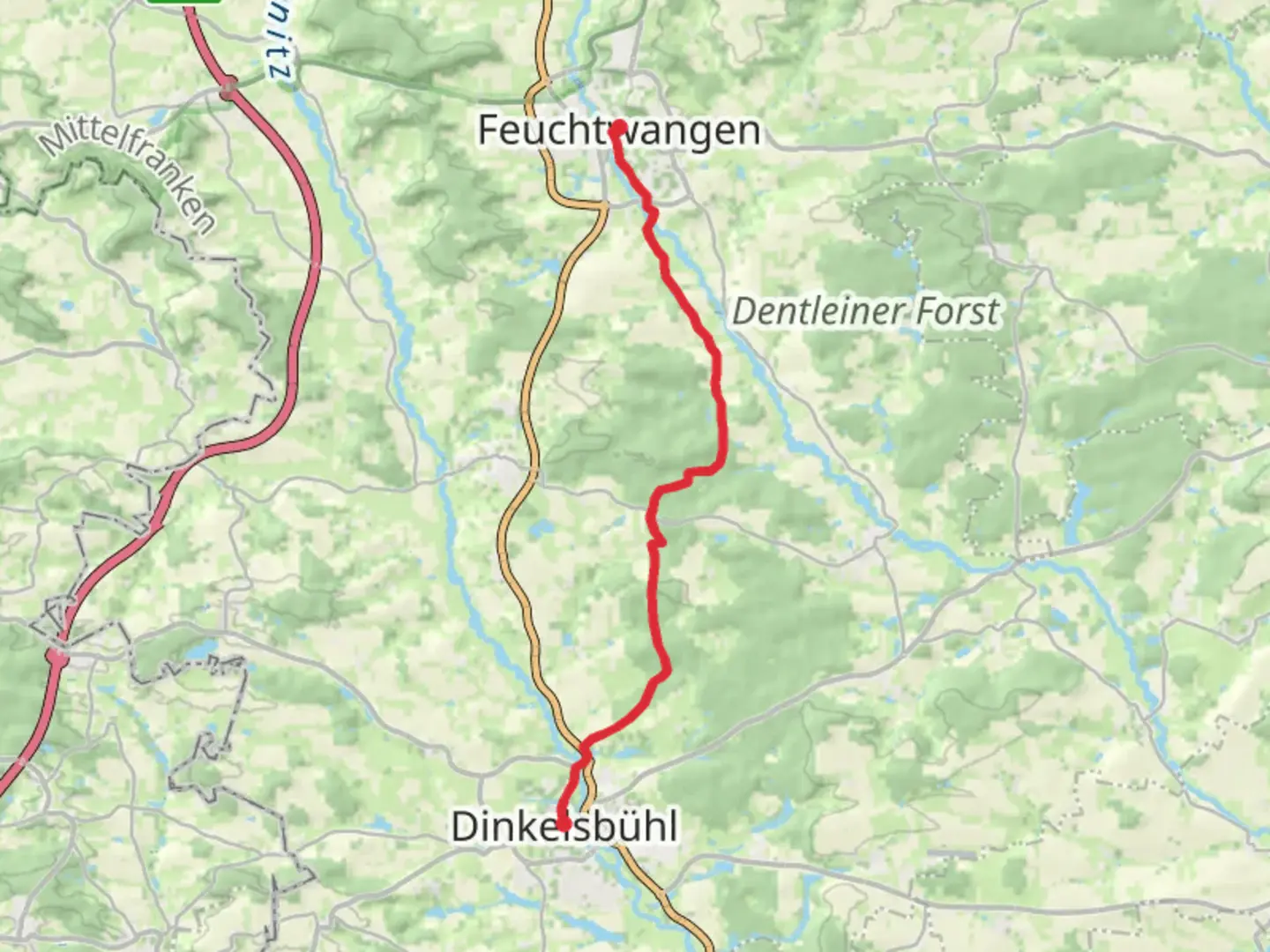An image depicting the trail Feuchtwangen to Dinkelsbühl via Romantische Strasse and its surrounding area.