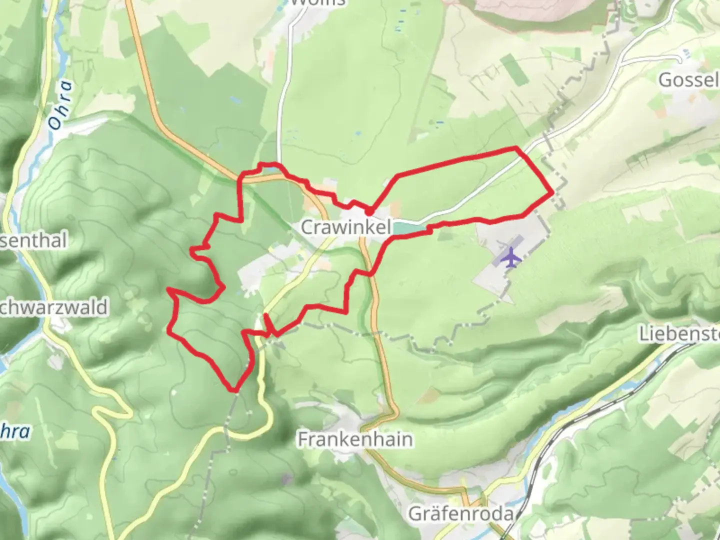 An image depicting the trail Crawinkel and Siegelberg Loop and its surrounding area.