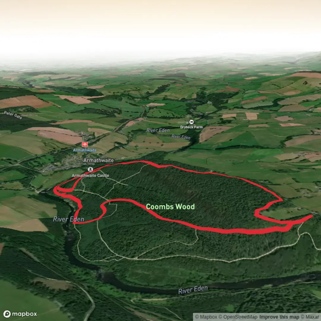 An image depicting the trail Hike from Armathwaite around the carved faces and coomes woods and its surrounding area.