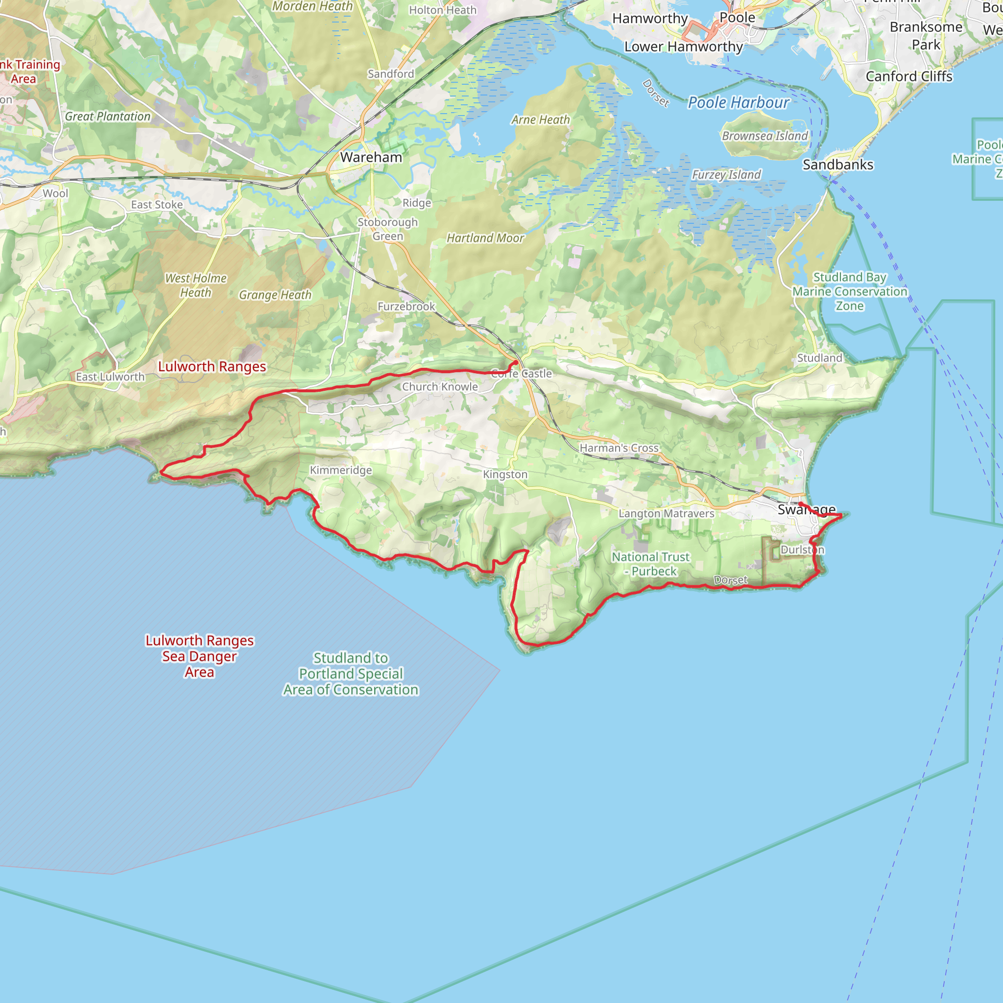 Corfe Castle to Swanage via SWCP mobile static map