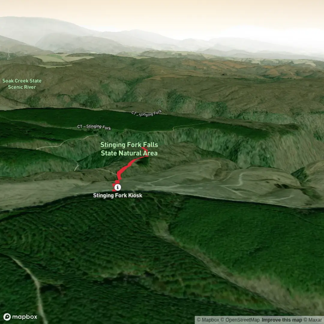 An image depicting the trail Stinging Fork Falls and its surrounding area.