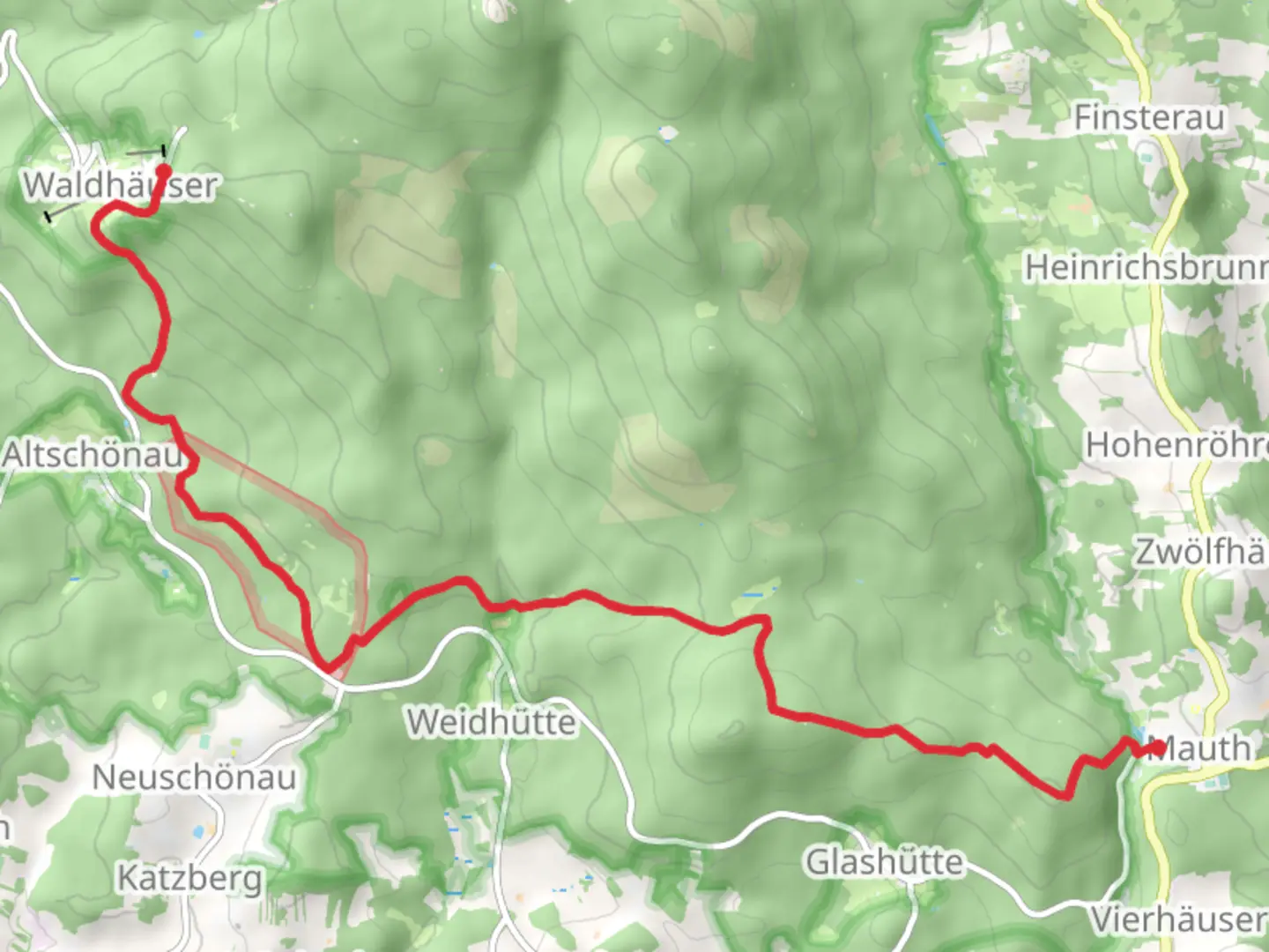 An image depicting the trail Mauth to Waldhaeuser via Tanne and its surrounding area.