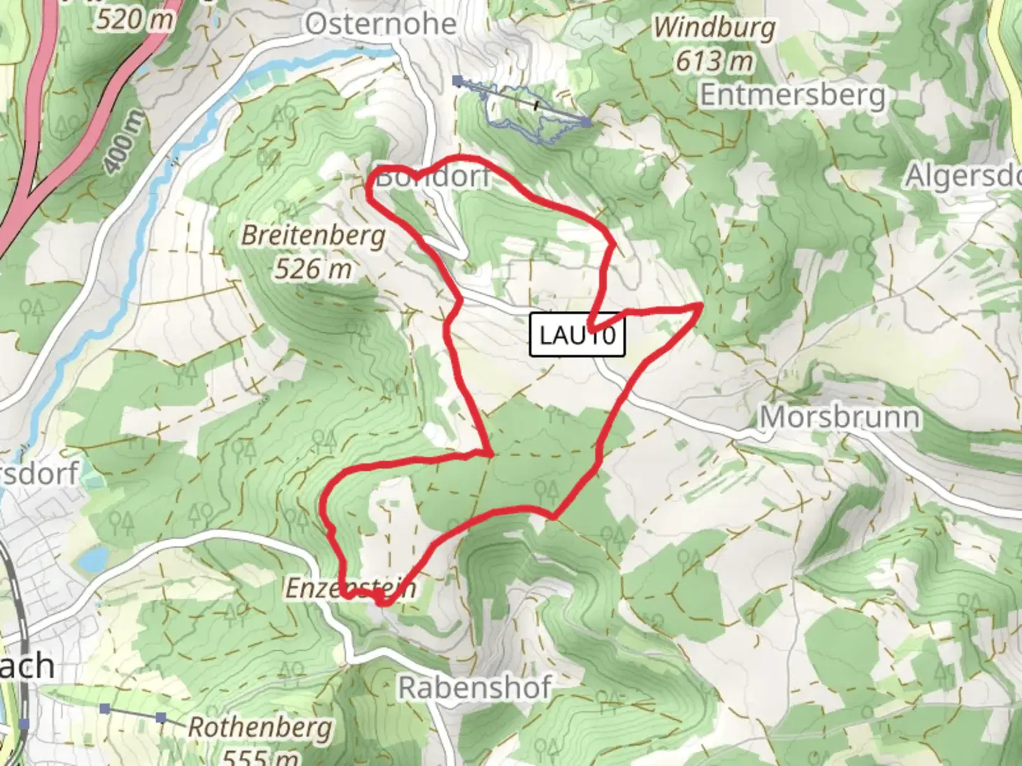 An image depicting the trail Blaustrich and Osternohe Lohmuehle Loop and its surrounding area.