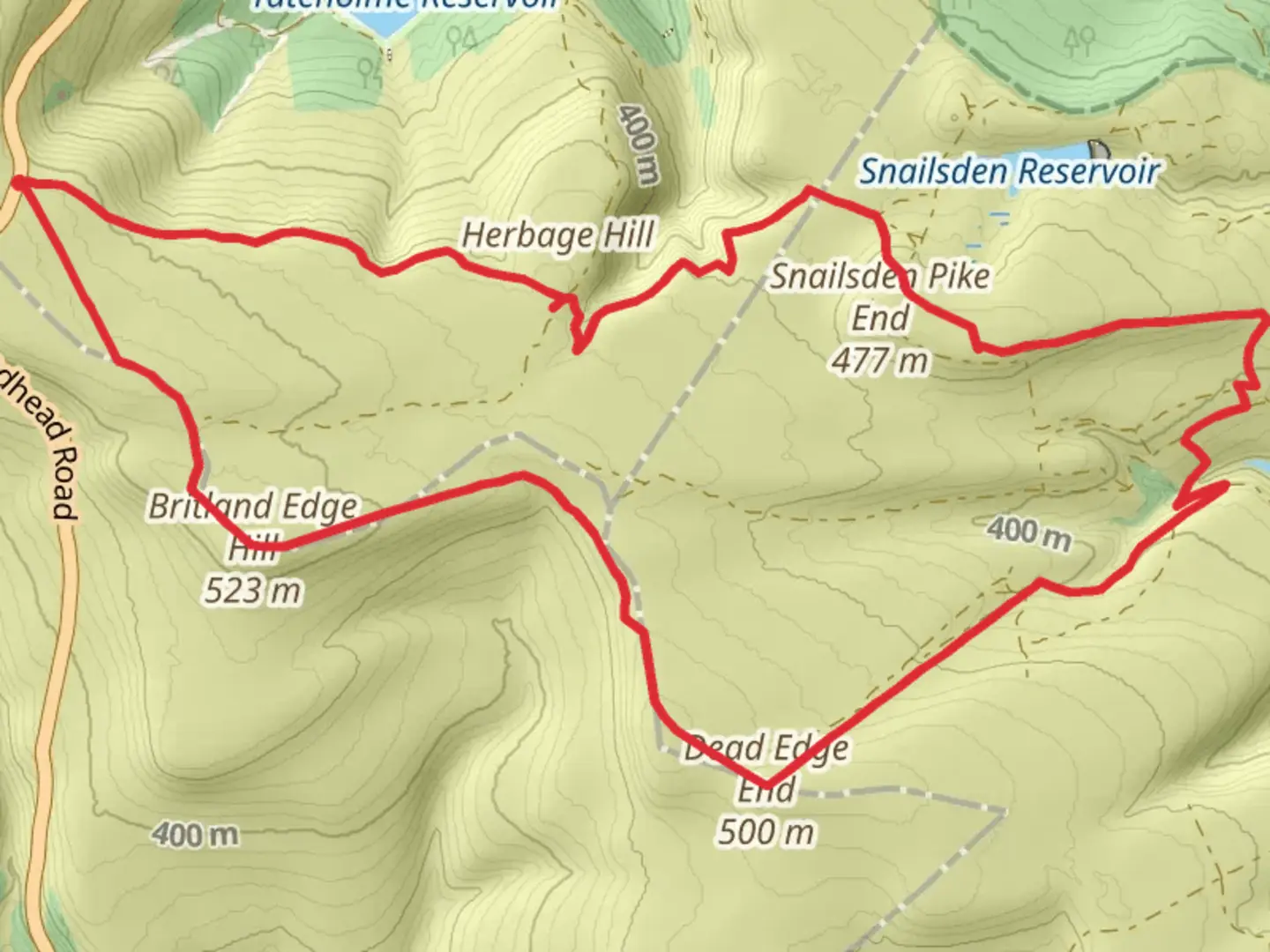 An image depicting the trail 3 ethels - britland edge, dead end edge and snailsden pike and its surrounding area.