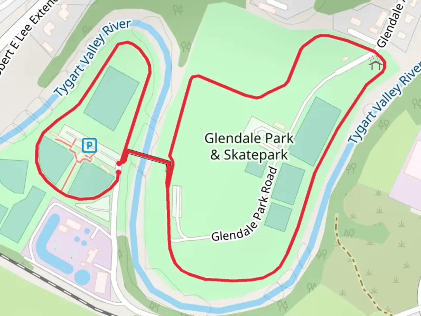 An image depicting the trail Elkins Skatepark Loop and its surrounding area.