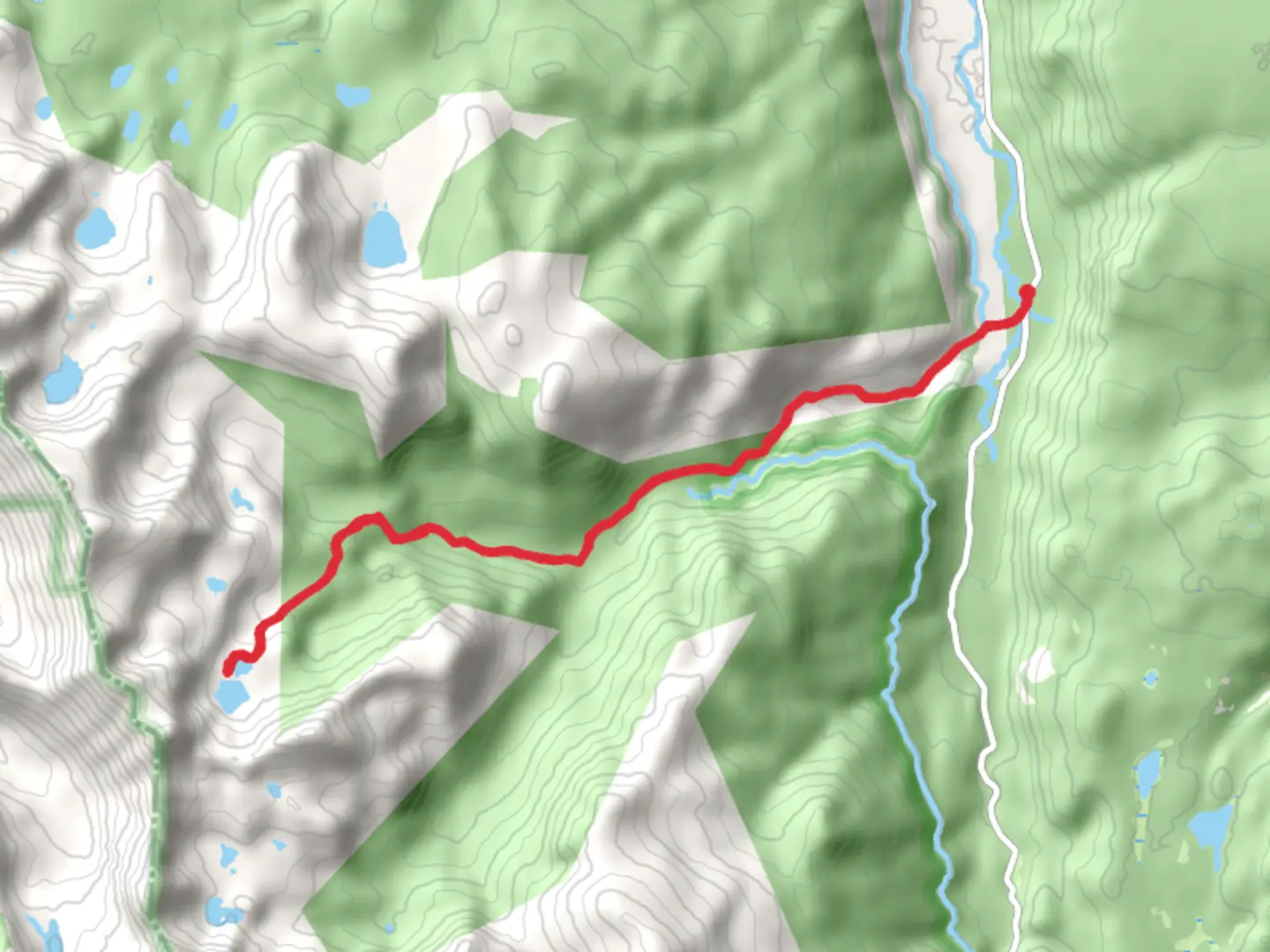 An image depicting the trail Twin Crater Lakes via West Branch Trail and its surrounding area.