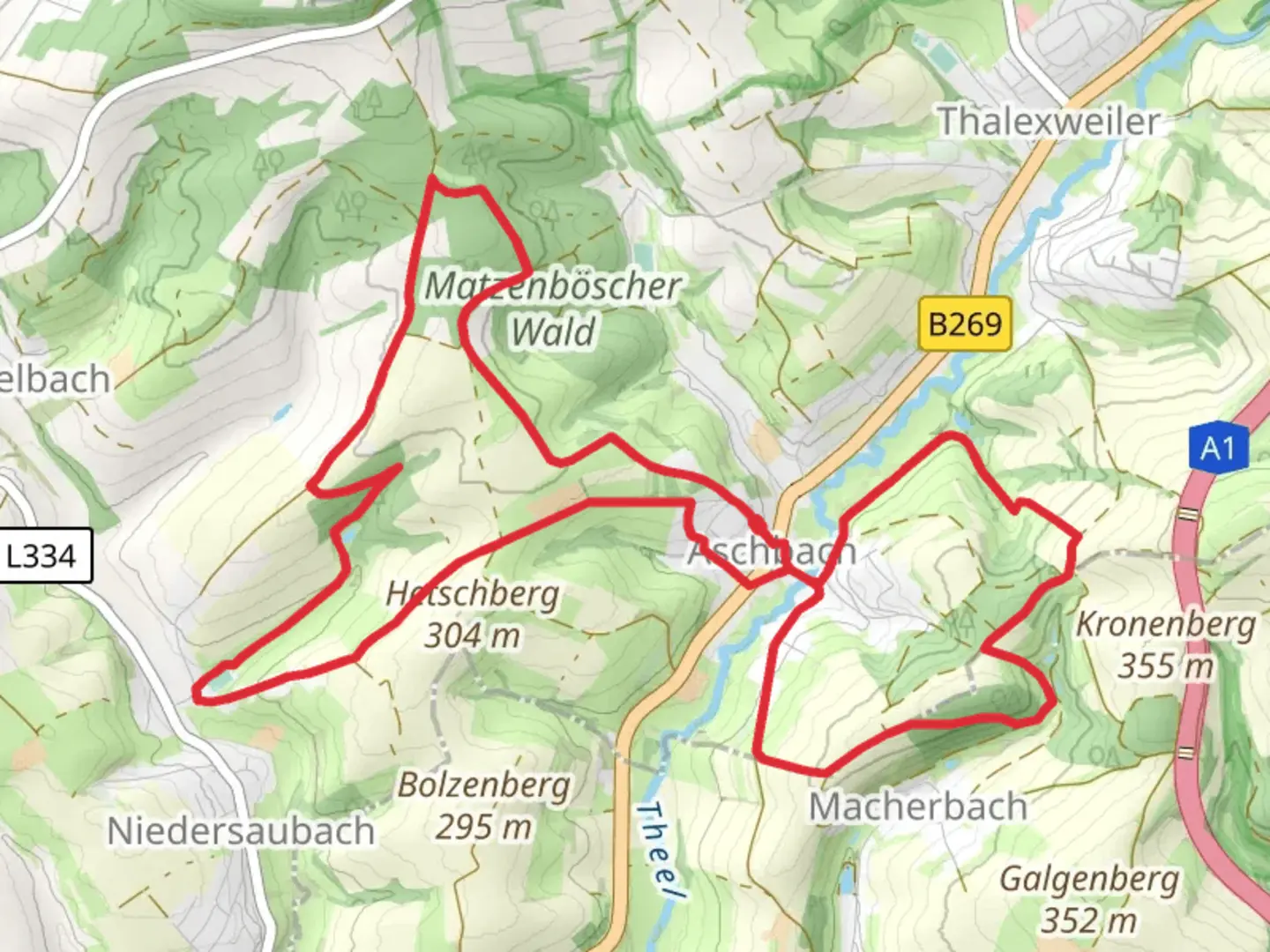 An image depicting the trail Matzenbornbach via Ruemmelbach-Humberg Weg and its surrounding area.