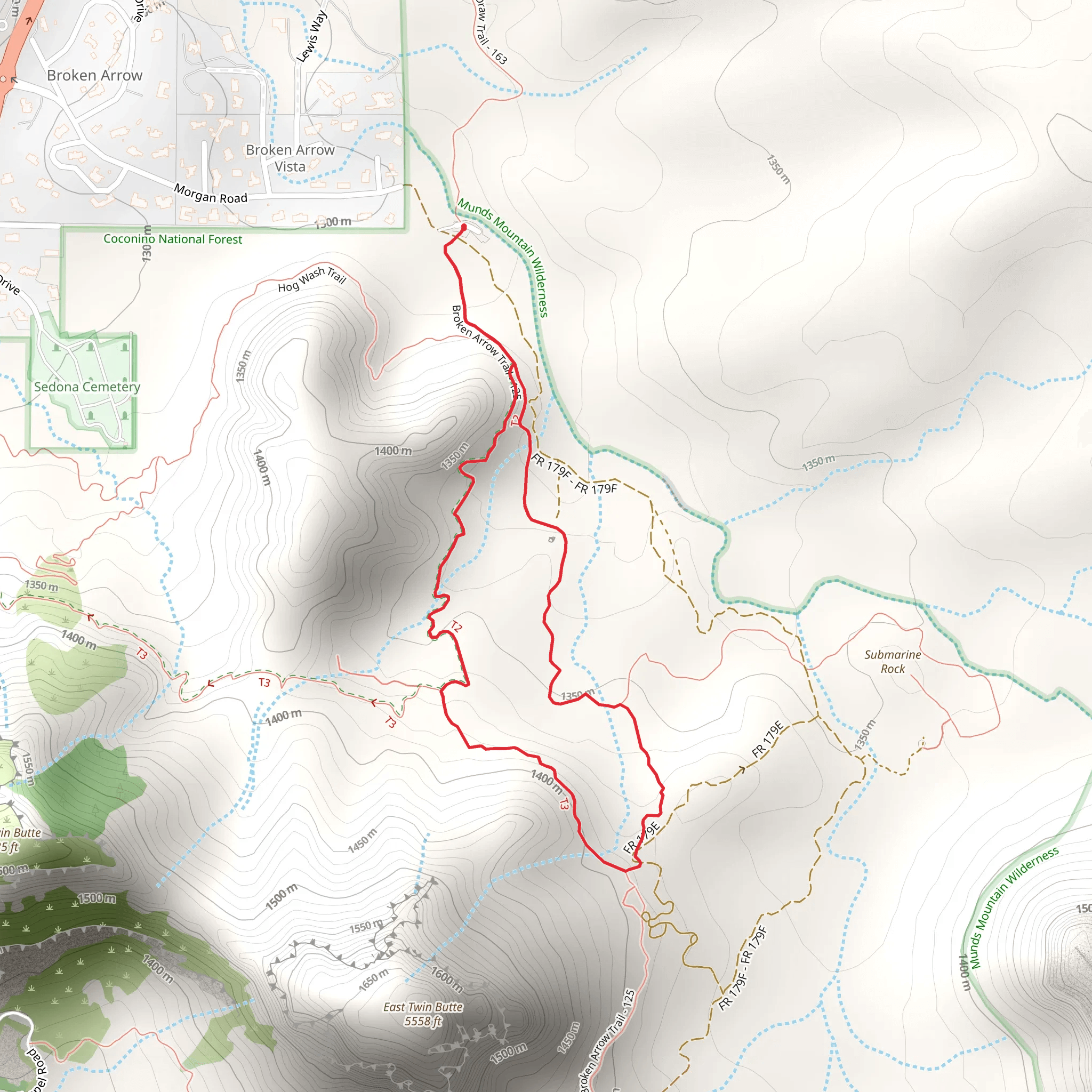 High On The Hog and Twin Buttes Loop via Broken Arrow Trail mobile static map