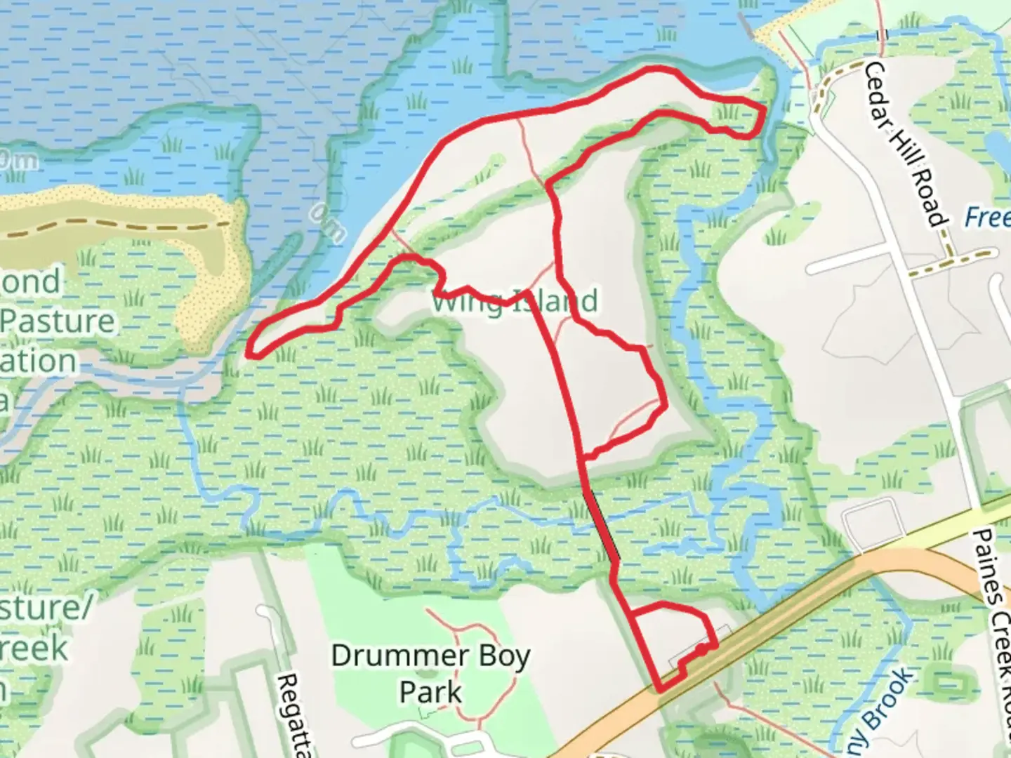 An image depicting the trail John Wing Trail and Secret Path Loop and its surrounding area.