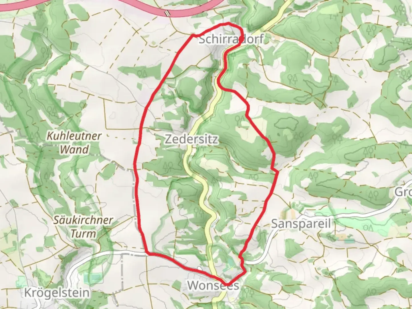 An image depicting the trail Schirradorf Rundwanderweg and Wonsees Grosse Erlebnisrunde and its surrounding area.