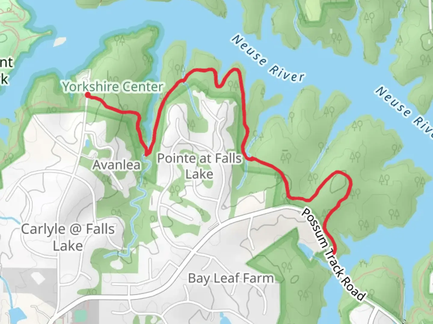 An image depicting the trail Falls Lake Trail - East from Bayleaf Church Road and its surrounding area.