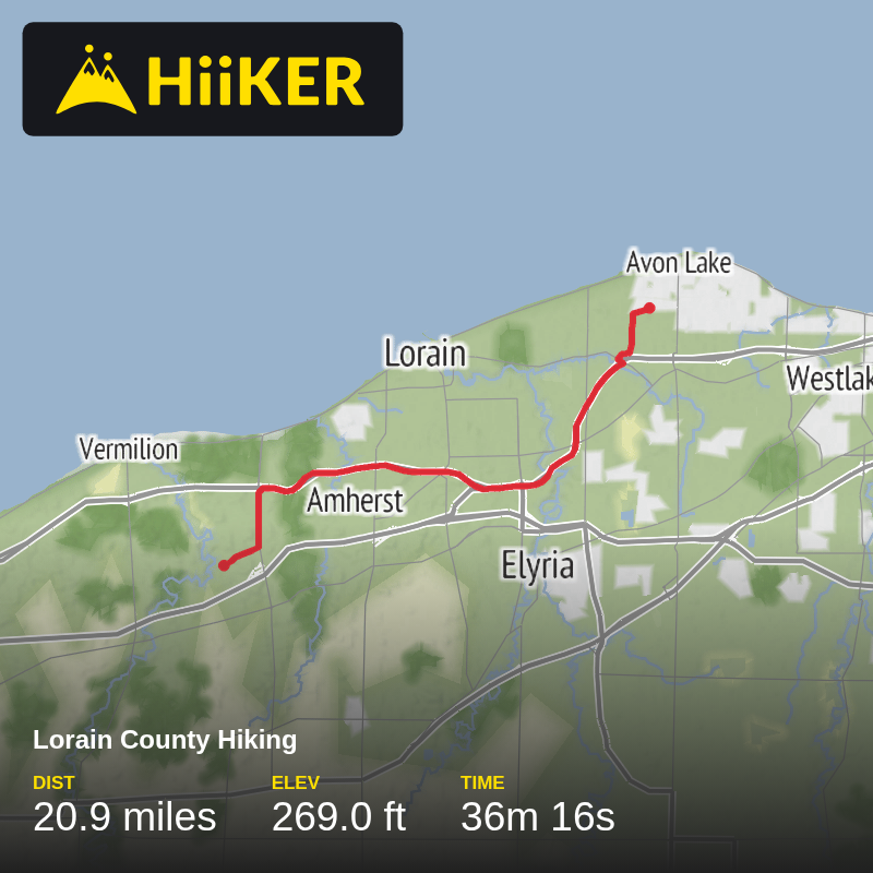A map preview of the recording Lorain County Hiking.