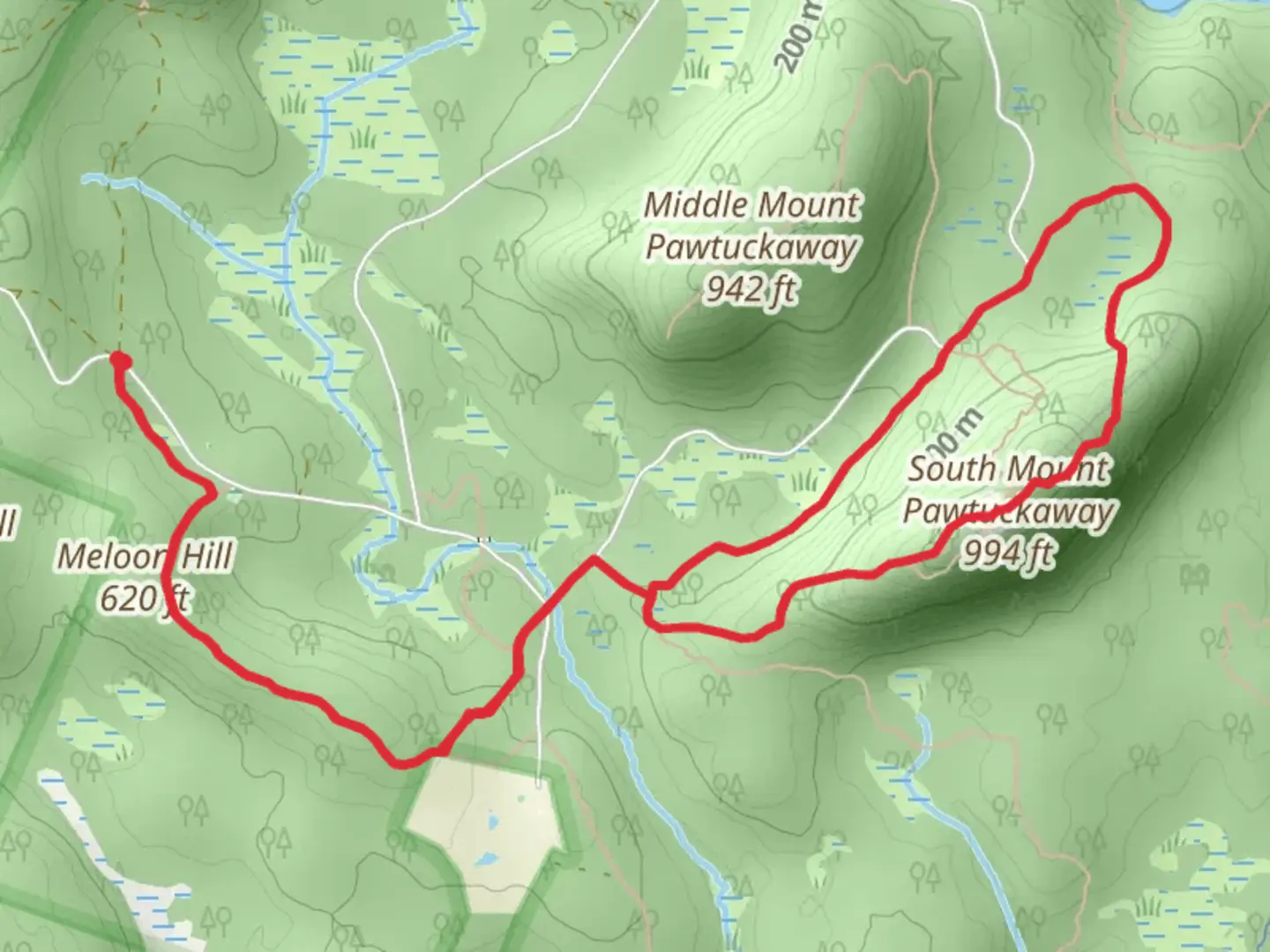 An image depicting the trail Meloon Hill and South Mount Pawtuckaway Loop and its surrounding area.