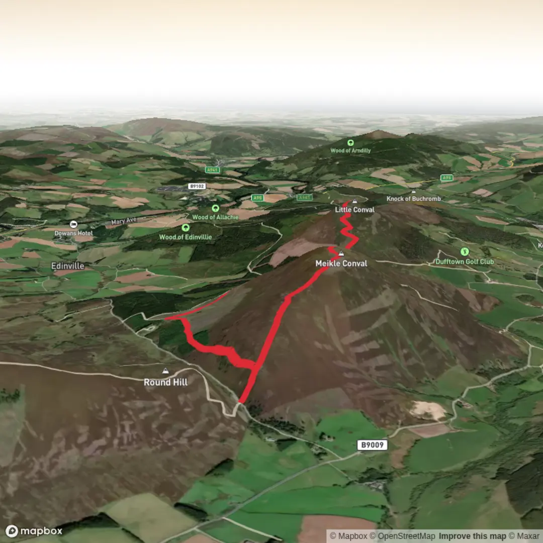 An image depicting the trail Meikle Conval and Little Conval Loop and its surrounding area.