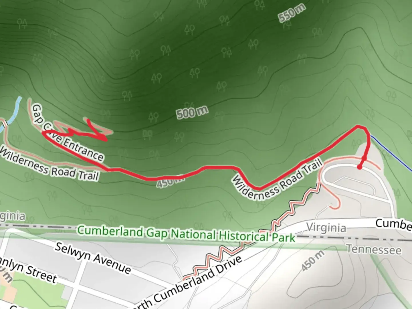 An image depicting the trail Gap Cave via Wilderness Trail and its surrounding area.