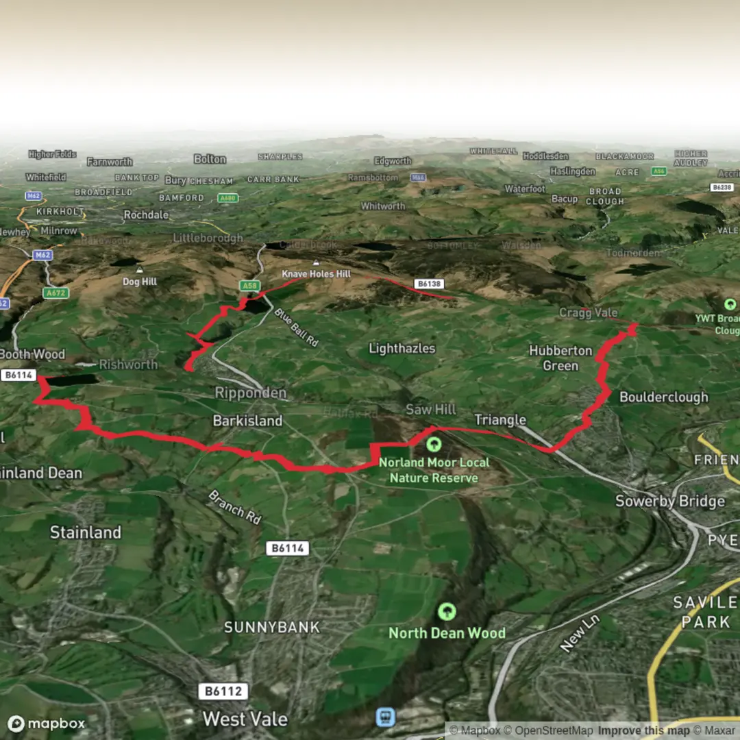 An image depicting the trail The Calderdale Hike short route and its surrounding area.