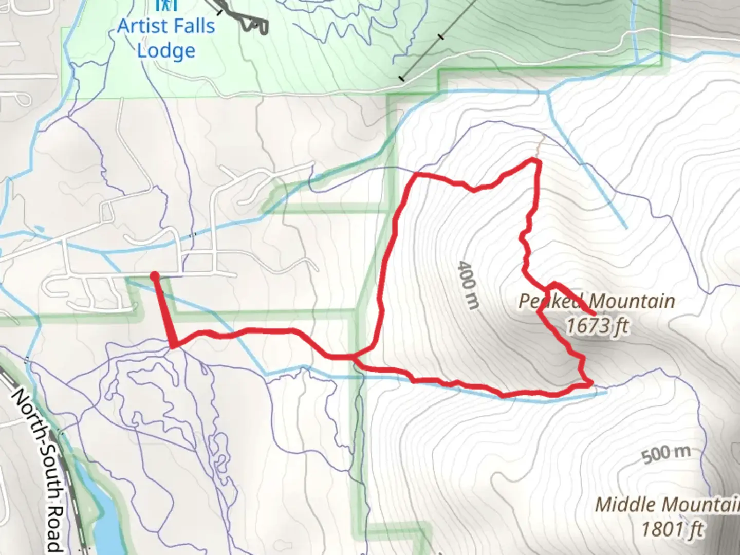 An image depicting the trail Peaked Mountain Loop Trail and its surrounding area.