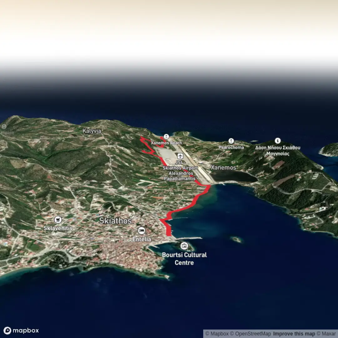 An image depicting the trail Skiathos - Xanemos Beach and its surrounding area.