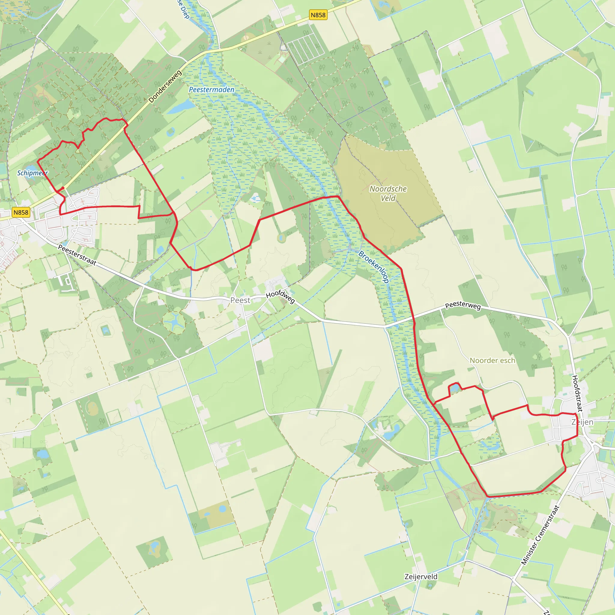 Schipmeer and Bollenveen via Oosterduinen and Zuideresch mobile static map