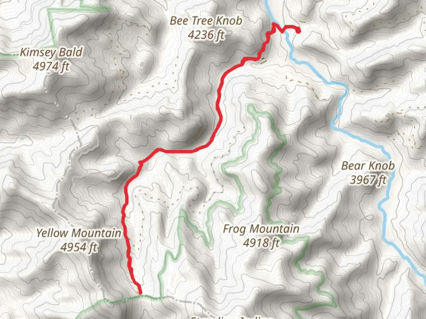 An image depicting the trail Kimsey Creek Trail to Deep Gap Trail and its surrounding area.