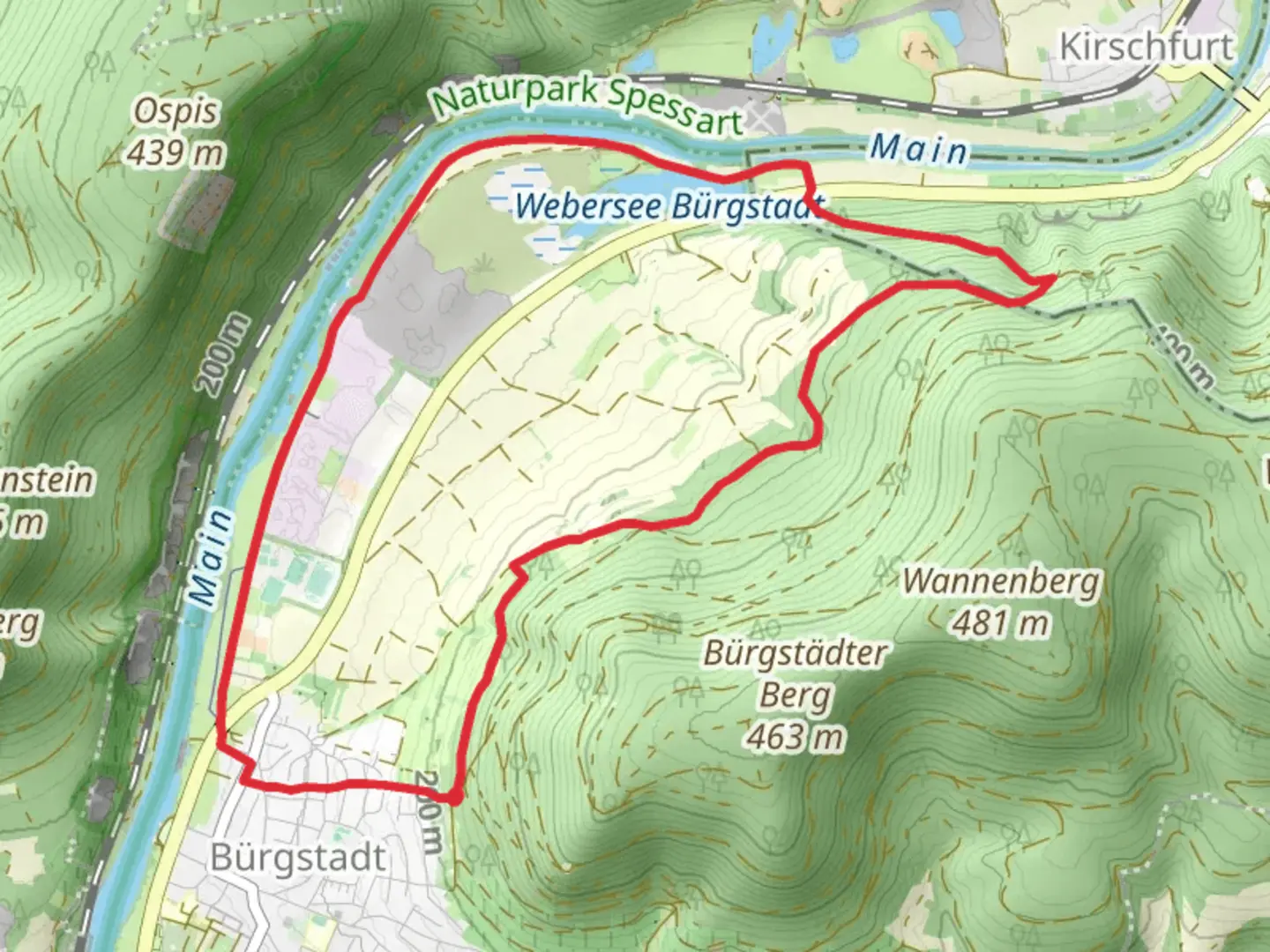 An image depicting the trail Bürgstadt, Kieswerk and Bürgstadtter See Loop and its surrounding area.