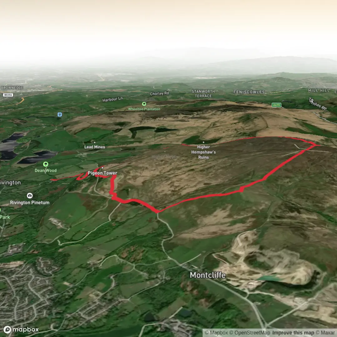 An image depicting the trail rivington barn/rivington pike/winter hill/noon hill and its surrounding area.