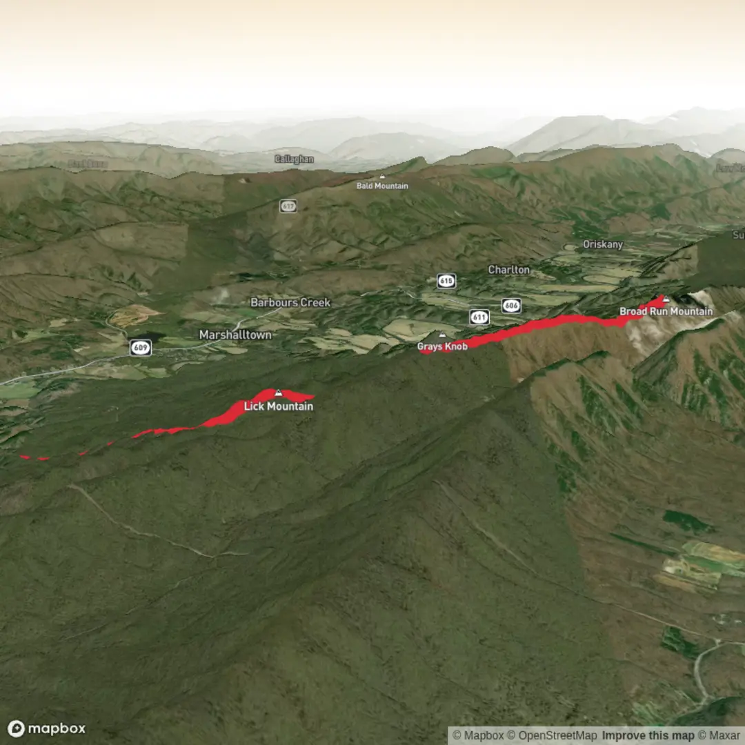 An image depicting the trail Lick Mountain and Broad Run Mountain via Ferrier Trail and its surrounding area.