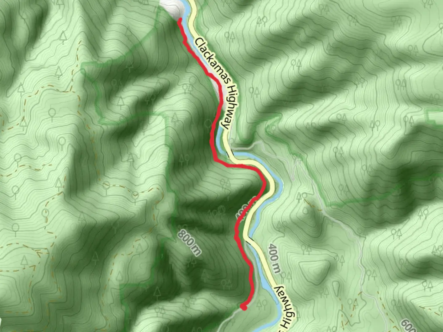 An image depicting the trail Pup Creek Campsite via Clakamas River Trail and its surrounding area.
