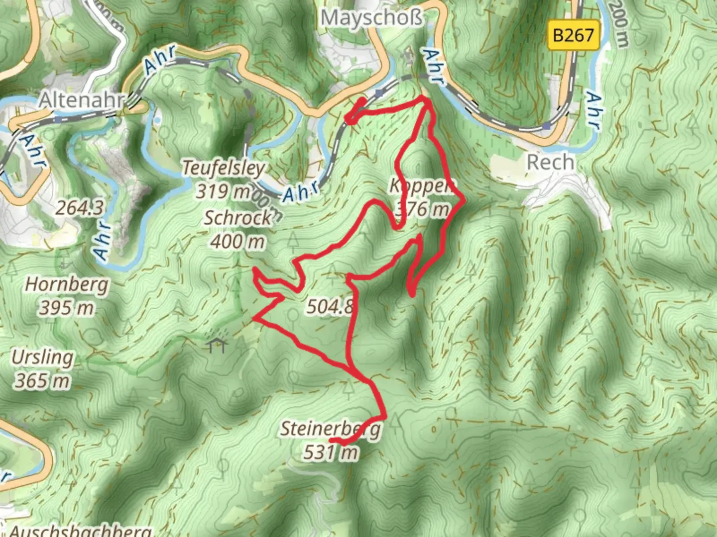 An image depicting the trail Mayschossblick and Steinerberg Loop via Ahrtalweg and its surrounding area.