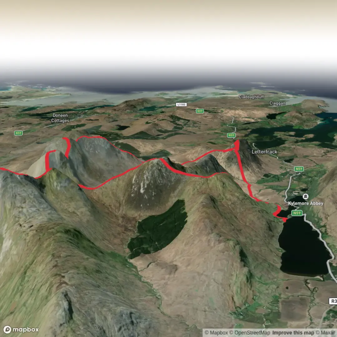 An image depicting the trail Advanced - 12 bens Kylemore and its surrounding area.