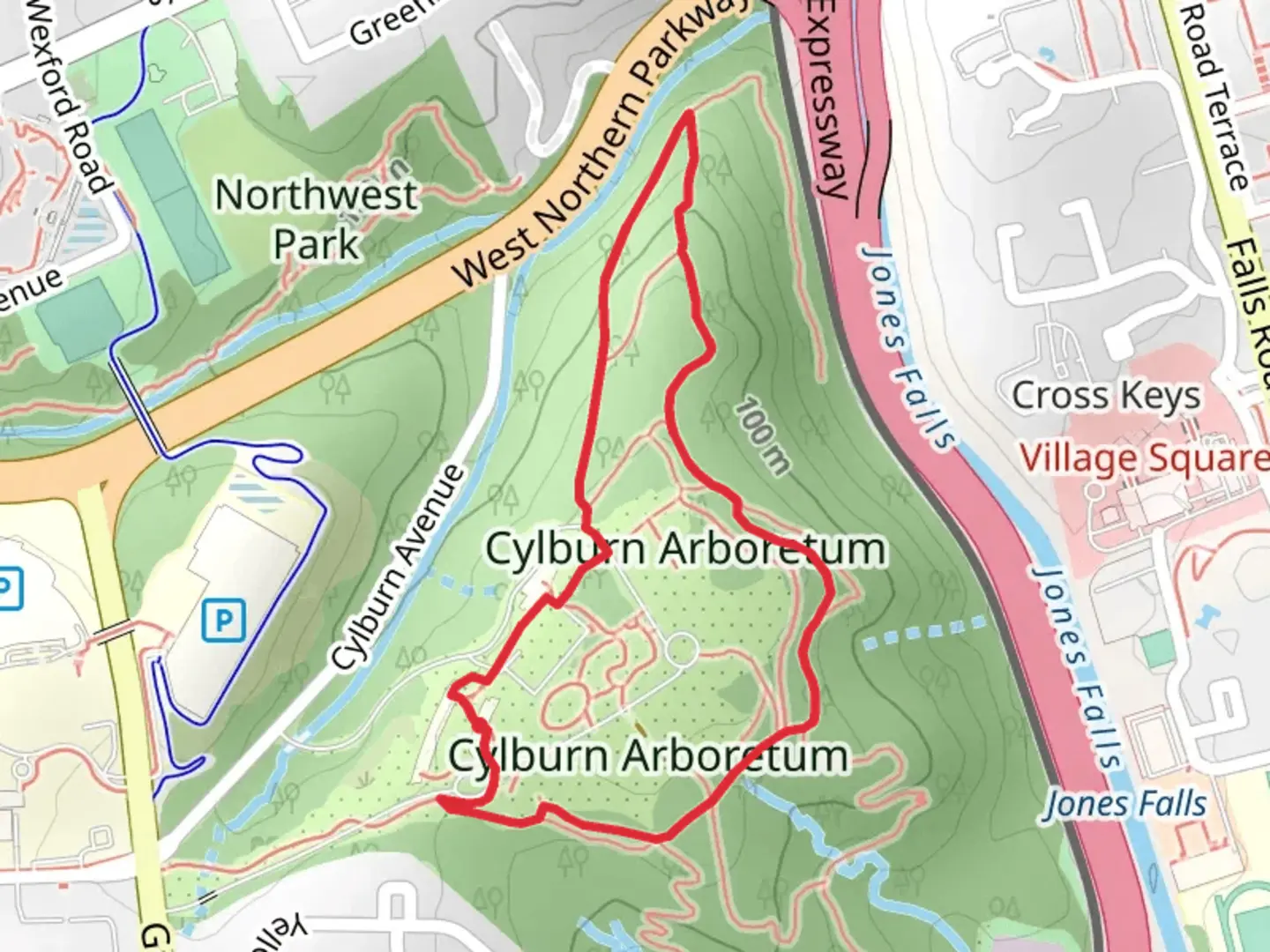 An image depicting the trail Cylburn Arboretum Loop and its surrounding area.