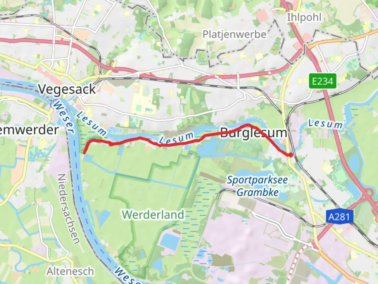An image depicting the trail Lesum via Walerjan-Wrobel-Weg and its surrounding area.