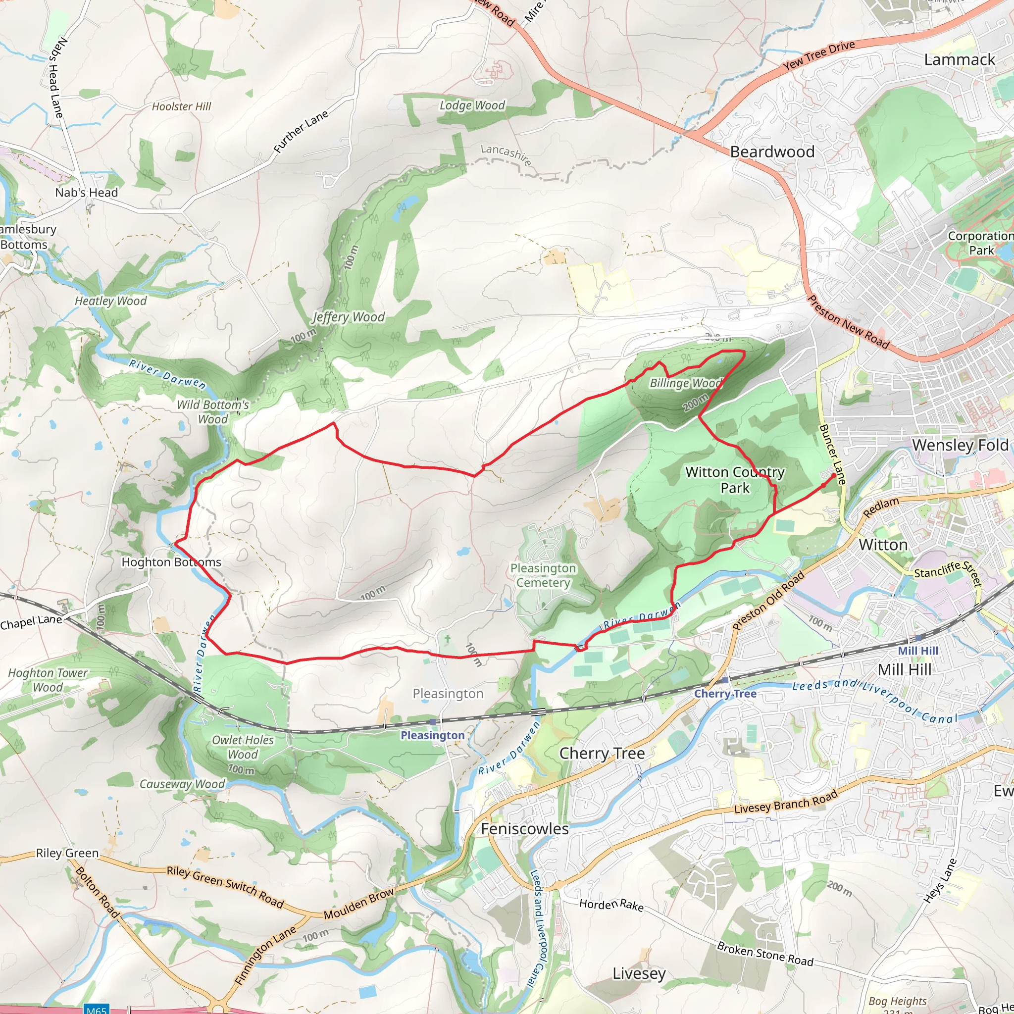 Hoghton Bottoms Eastern Loop via Witton Country Park mobile static map