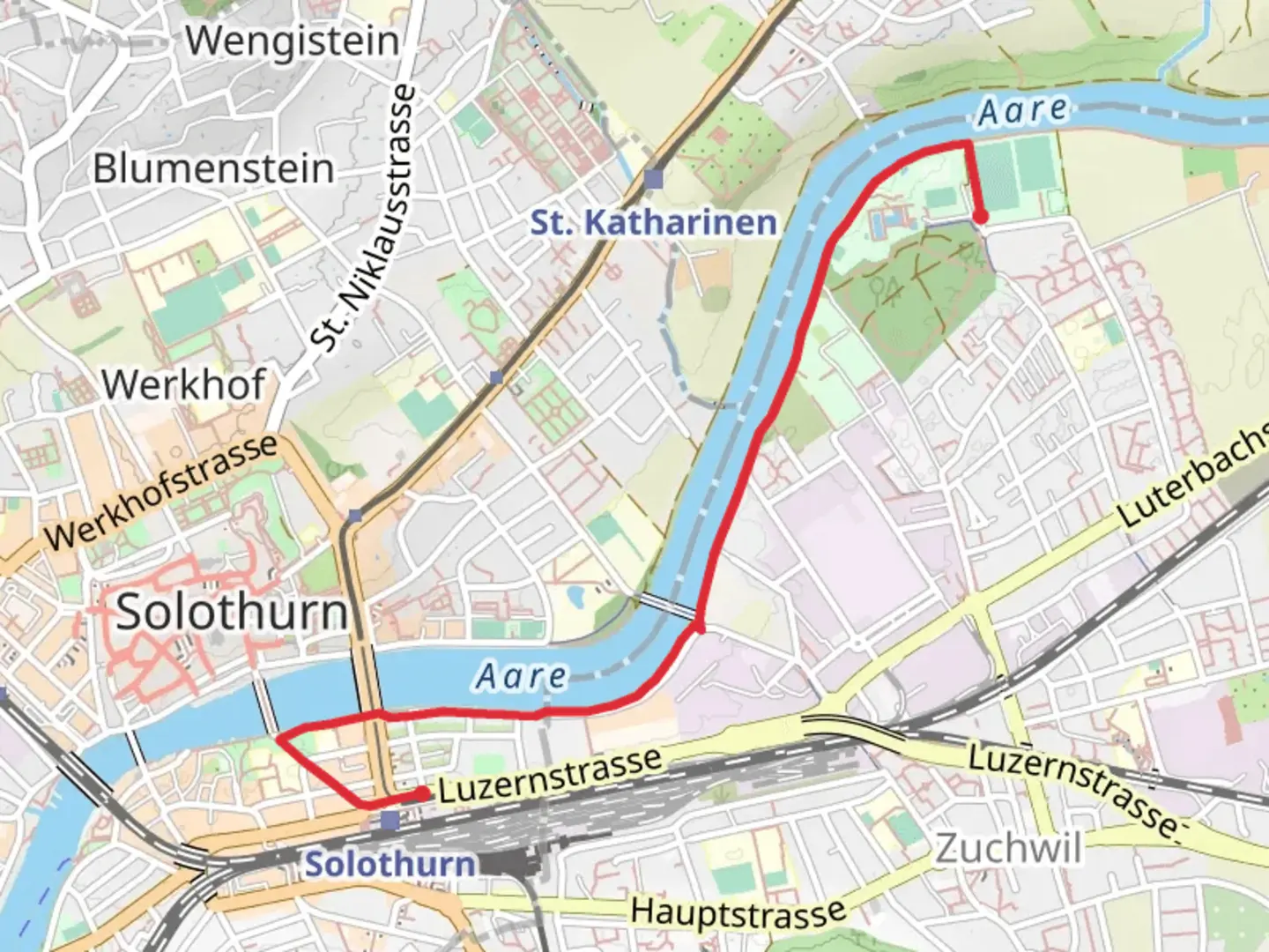 An image depicting the trail Solothurner Uferweg and its surrounding area.