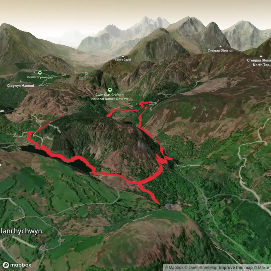An image depicting the trail Crafnant & Geirionydd loop Inc Klondyke Mill and its surrounding area.