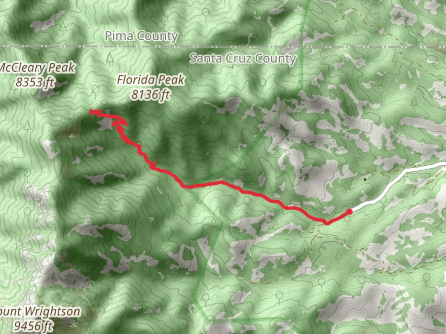 An image depicting the trail Florida Saddle via Cave Creek Canyon Trail and its surrounding area.